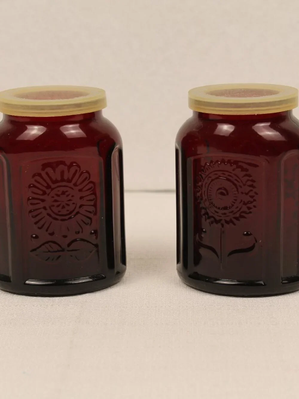 Vintage Wheaton N.J. Ruby Red Glass Sunflower Jars Embossed Floral Canister Set